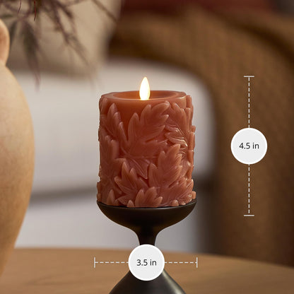 Luminara Flameless Caramel Cafe Embossed Leaves 3.5" x 4.5" Pillar, Battery Operated & Timer Function, Fall Decorations Indoor Candle Moving Flickering Flame LED Light, Remote Ready (Sold Separately)