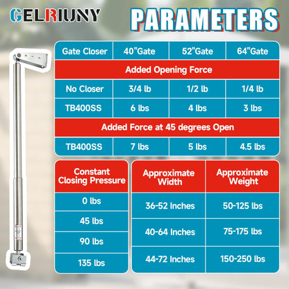 New TB400SS Hydraulic Outdoor Gate Closer for 75 to 175 lbs, Stainless Steel, Width 40 to 64 Inches, for Farms, Ranches, Gardens, Sports Complexes, Home Yards, Opening Pressure 6 to 12 Pounds