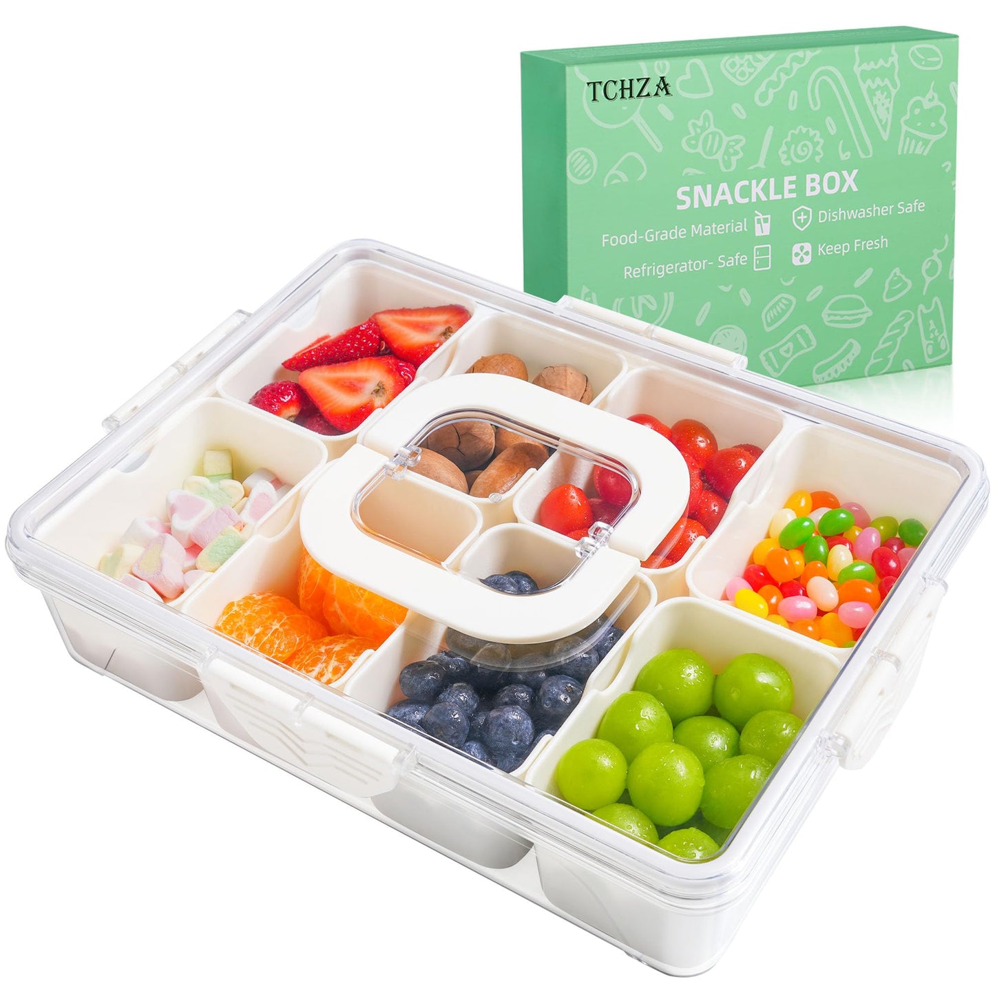 Snackle Box Container, Dishwasher Safety - Divided Serving Tray with Lid and Handle, Charcuterie Board for Portable Snack Platters - Clear Organizer for Fruits Snacks,Perfect for Road Travel