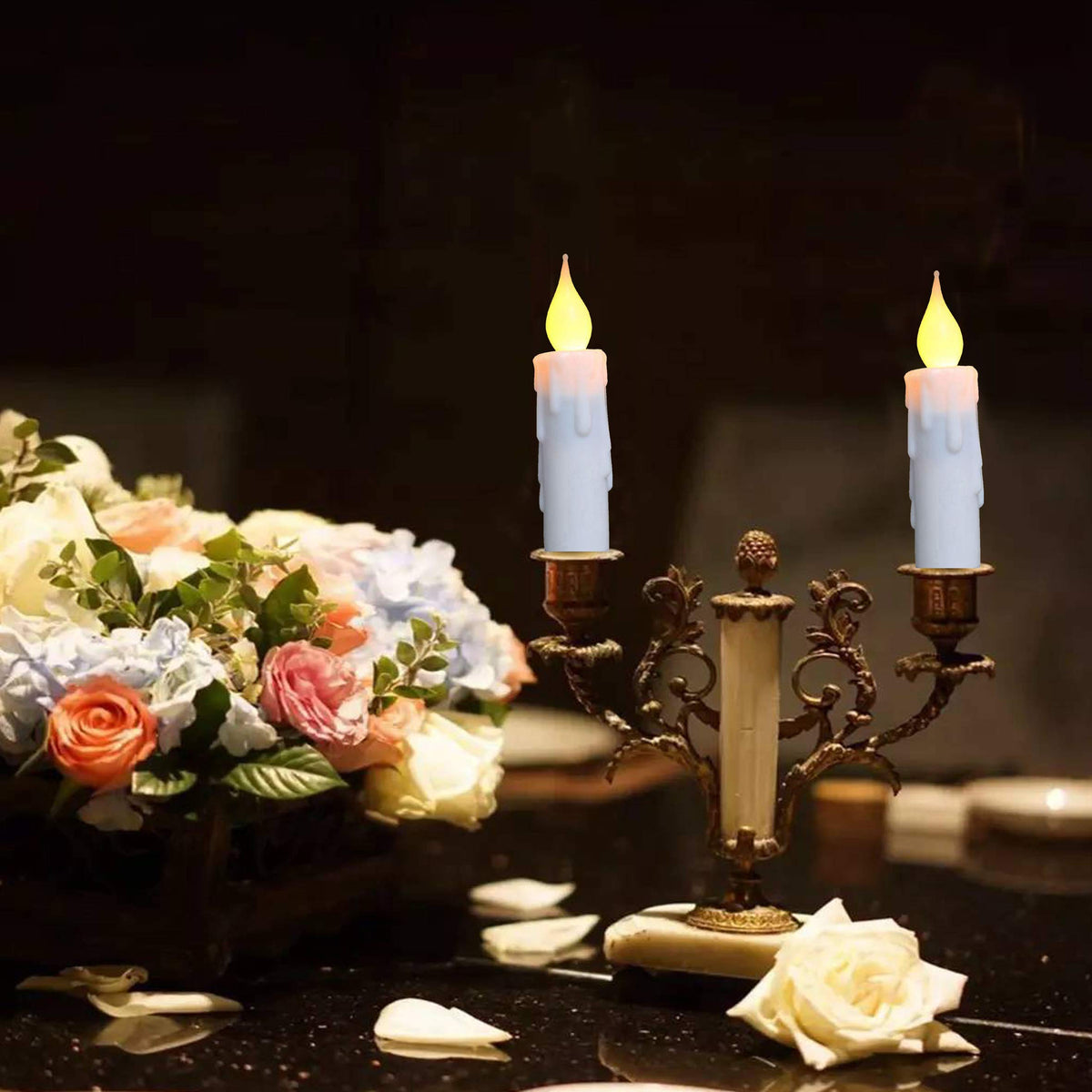 LINCOUNTRY. Short Taper Candles Battery Operated with Timer,Led Flameless Taper Candles Flickering Flame, 4.75 Inch White Electric Candlesticks for Fireplace Christmas Halloween Wedding Decor, 4 Pack