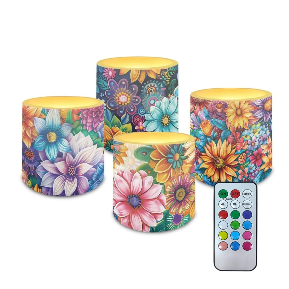 NETILGEN 3 inch Flickering Color Changing LED Candles Boho Flower Bright Blossom Set of 4 Flameless Eletric Pillar Candles with Remote Timer Control Home Party Decor