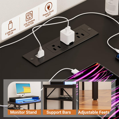 Unikito Reversible L Shaped Desk with Magic Power Outlets and Smart LED Light, Sturdy Corner Computer Desk with Monitor Stand & Storage Shelves, Gaming Table Home Office Desk, Easy Assembly, Black