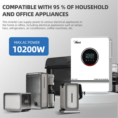 10.2KW Solar Hybrid Inverter All in One, 48V DC to 220V-230V AC On/Off Grid Pure Sine Wave Solar Inverter with 160A MPPT Charge Controller for Home Appliances, Work with Lead Acid & Lithium Battery