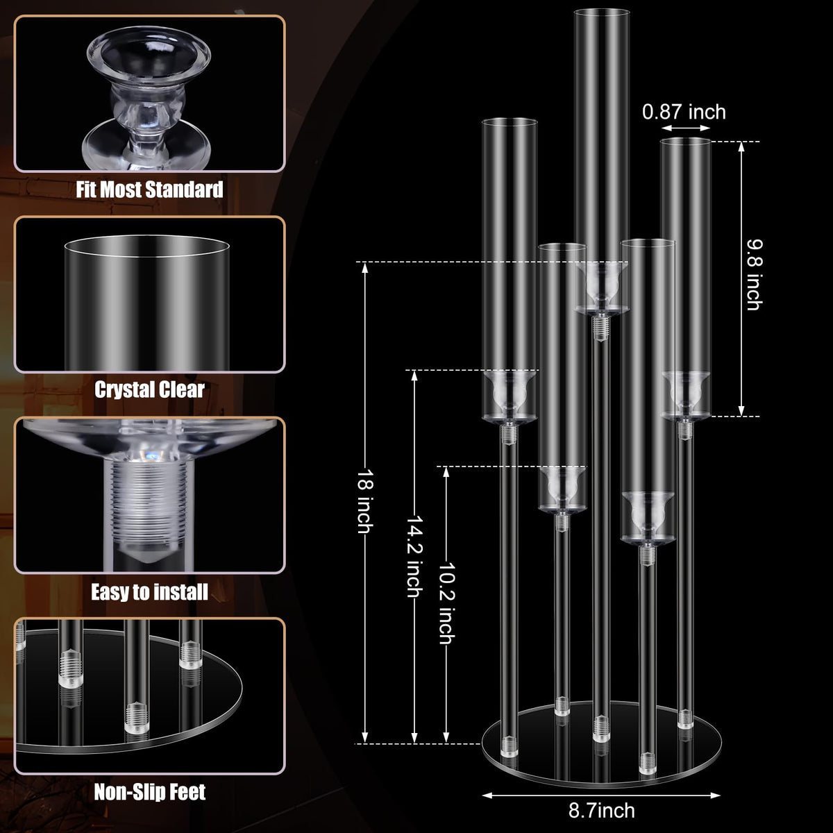 FoldTier 4 Sets 5 Arm Acrylic Candelabra Holder for Wedding Table Centerpiece 27inch Tall Floor Clear Candle Centerpieces with LED Candles and Shade for Proposal Ceremony Birthday Party Home Decor