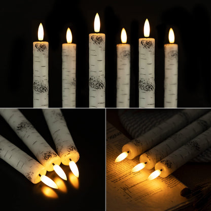 Birch Bark Flameless Taper Candles with 3D Wick, 9.6" Real Wax LED Candles with 2 Remote and Timer, 6 Pack Flickering Candlesticks Battery Operated Electric Candle for Home, Wedding, Party, Decor