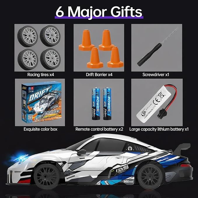 1:24 Scale RC Drift Race Car – 20km/h 4WD High Speed Dual Batteries 50+ Min Play 2.4GHz Remote – Multi-Surface Drift Tires + LED Lights Gift for Adults Boys and Girls