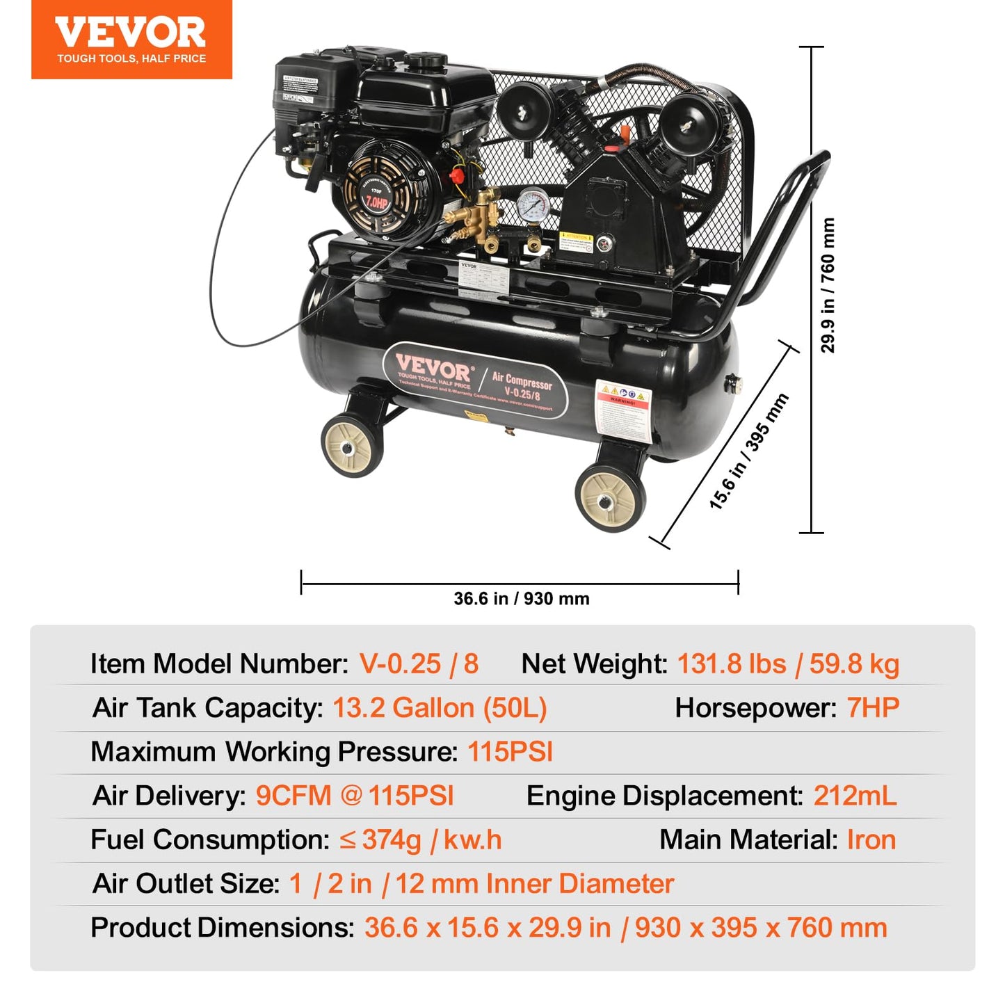 VEVOR 13.2 Gallon Gas Powered Air Compressor, 7HP 9CFM@115PSI Air Compressor Tank on Wheels, Gas Driven Piston Pump Air Compressed System with 115PSI Maximum Pressure for Workshop Construction Sites