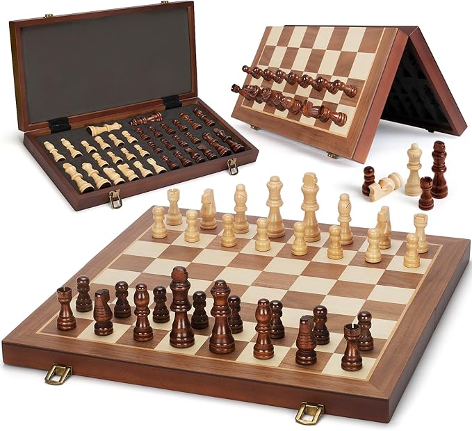 Magnetic Wooden Chess Set 15 Folding Chess Board with 2 Extra Queens Portable Travel Chess Set with Pieces Storage Slots Beginner Chess Board Game for Adults &amp Kids