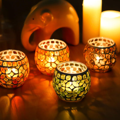 SHMILMH Mosaic Candle Holders Set of 4, Handmade Glass Tealight Votive Holders, Fall Thanksgiving Diwali Decor, Autumn Wedding Party Table Centerpiece, Brown Orange Green