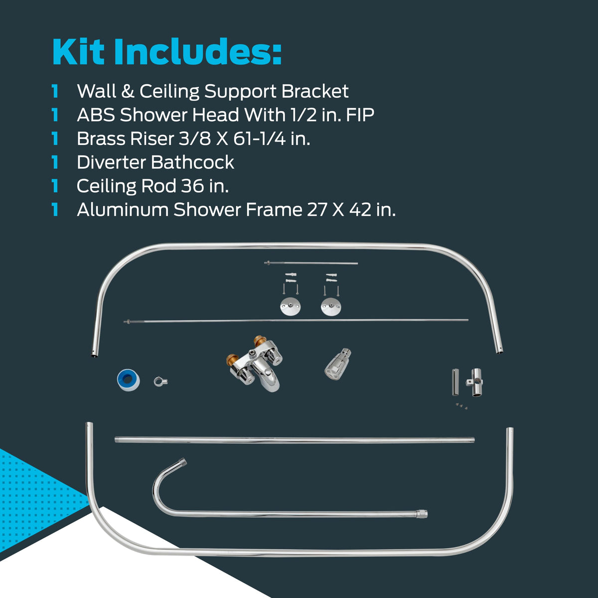 EZ-FLO 27 x 42 Inch Bathcock Type Portable Aluminum Add On Shower Unit with Shower Rod Frame, Chrome Plated, 11123