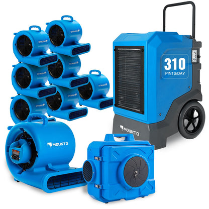 MOUNTO Pro Restoration Bundle – 8× AM33 Air Movers, 1× DH165 Industrial LGR Dehumidifier, 1× HEPA 500 Air Scrubber – Complete Drying & Air Filtration Package