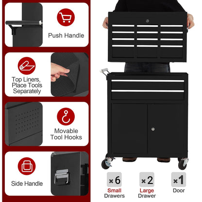 Towallmark 8-Drawer Rolling Tool Chest, 2-in-1 High Capacity Removable Cabinet Storage Tool Box with Wheels and Drawers, Detachable Toolbox with Lock for Workshop Mechanics Garage (Black)