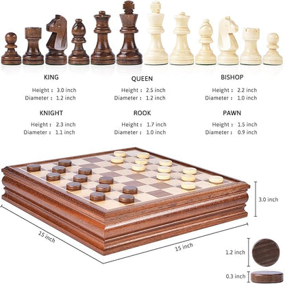 VAMSLOVE Chess and Checkers Board Game Sets for Adults Wooden Deluxe 15 inch Wood Board Box with Storage Classic 2 in 1 Large Size with Chess Pieces - 3” King Height - 2 Extra Queens