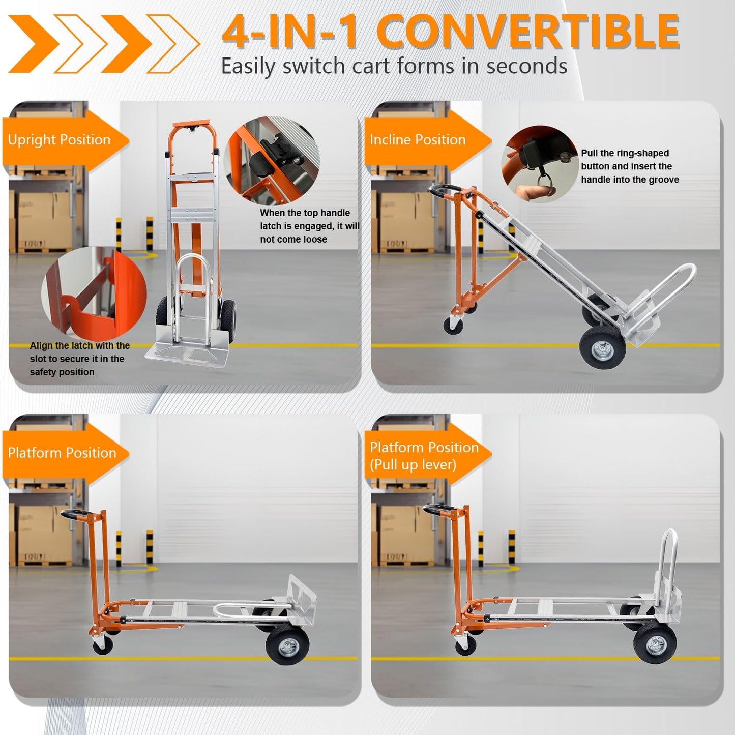 SST Convertible Hand Truck, 4 in 1 Folding Hand Truck Dolly Cart with Wheels, 1000LBS Heavy Duty Aluminum Hand Truck for Construction, Logistics, Shopping, Home, Office Moving