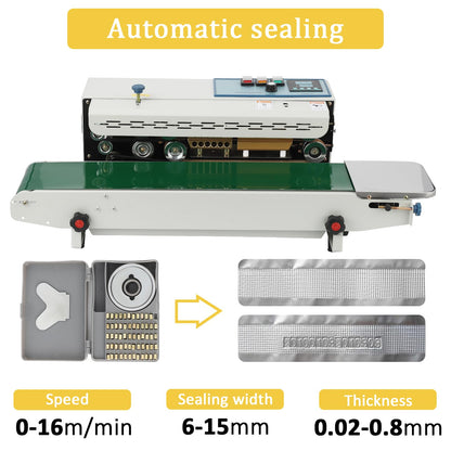 MilleLoom Continuous Band Sealer Machine - FR-900K Horizontal Automatic 110V with Digital Temperature Control for 0.02-0.08 mm Commercial PP/Aluminum Foil/PVC Plastic Bags