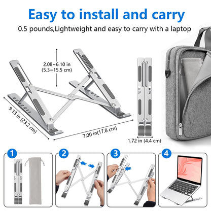 Sopholid Laptop Stand for Desk, Aluminum Metal MacBook Stand，Computer Riser for Desk, Portable Foldable Adjustable Notebook Holder, Compatible with 10-15.6 Inch Laptops, iPad, Silver.