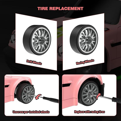Remote Control Car RC Drift Car 2.4GHz 1:20 Scale 4WD 20KM/H High Speed Remote Control Cars Vehicle with LED Lights Drifting Tire 2Pcs Rechargeable Batteries Toy Cars for Adults Boys Girls (Pink)