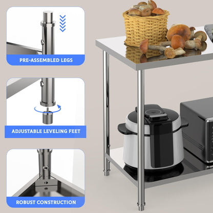 GarveeTech Stainless Steel Table, 48 in x 24 in Commercial Prep Work Table with Adjustable Undershelf and Pre-installed Feet, 2 Tier Metal Table for Restaurant, Home, Kitchen, Garages and Outdoor