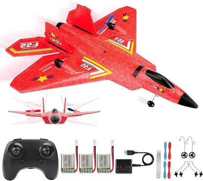 Remote Control Plane F-22 Raptor 2.4GHz Durable Foam Rc Airplane with Smart Gyro/LED Lights/3 Rechargeable Batteries RC Jet Glider Toy Gift for Kids Boys Girls 8-16 Year Old (Red)