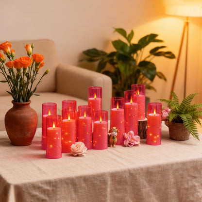 kakoya Flameless LED Candles with Timer 9 Pc Flickering Flameless Candles for Romantic Ambiance and Home Decoration Stable Acrylic Shell,with Embedded Star String，Battery Operated Candles(Pink)
