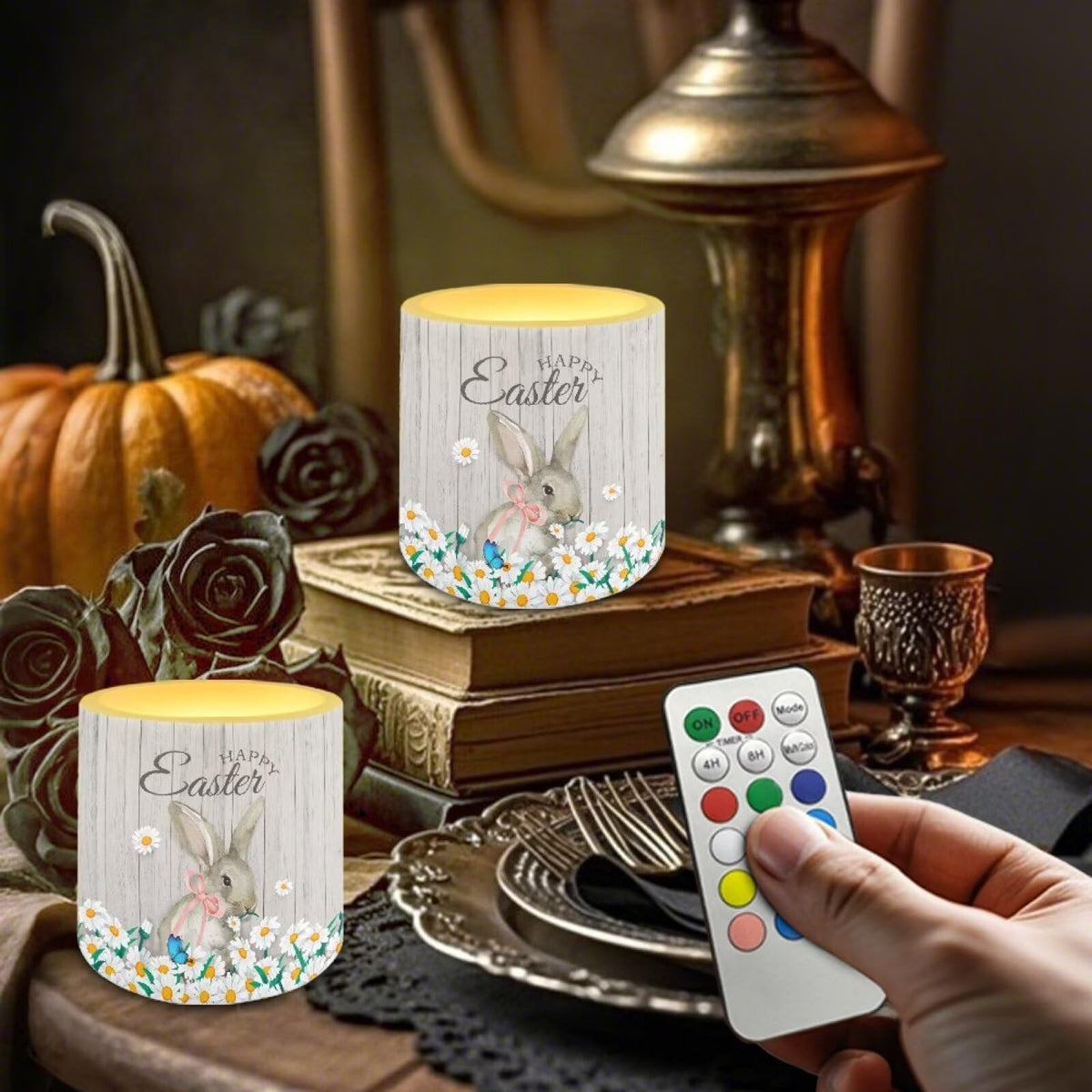 Merkmak Daisy Bunny Flameless Candles with Remote and Timer Battery Operated Flameless LED Pillar Candles for Indoor Outdoor Home Decoration Happy Easter Day Tealights