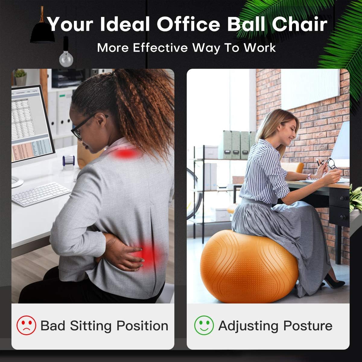 Gruper Yoga Ball, 55-75cm Extra Thick Exercise Ball for Workout Fitness Balance, Anti Burst Chair for Home and Office Desk,Includes Hand Pump & Workout Guide Access (Orange, 22 inch (55cm),M)