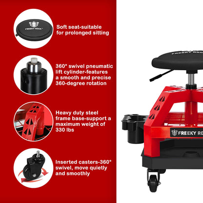 FREEKYROCK Rolling Shop Stool with Wheels, Heavy Duty Garage Work Mechanic Stool, Adjustable Height 22.44"-28.94", 360°Swivel Rolling Chair with Tool Tray Storage, 330 LBS Capacity, Red