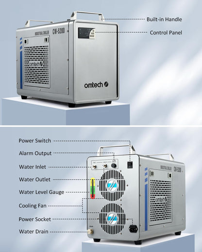 OMTech 6L CW-5200 Water Chiller for Laser Engraver & Cutter, Industrial Water Chiller for CO2 Laser Engraving & Cutting Machine, 0.58hp 3.2 gpm Laser Chiller Water Cooling Machine for Laser Cutter