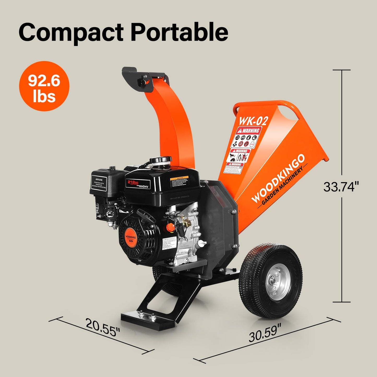 WOODKINGO Mini Wood Chipper Shredder Mulcher Heavy Duty 7HP Compact Design 3" Inch Max Capacity 212cc Gas Powered Engine 4-Stroke Fast Chipping Chopping for Forestry, Gardens,Landscaping(WK-02)