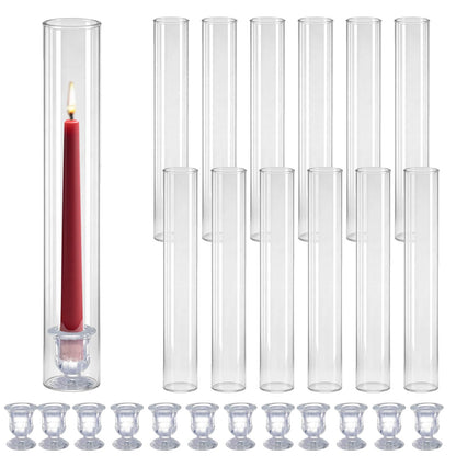 Glass Hurricane Candle Holders – 12 Clear Cylinder Covers & 12 Taper Candlestick Holders, 2.6" D x 13.8" H Windproof Candle Holders for Wedding, Patio Table, Outdoor Christmas Party Décor (12)