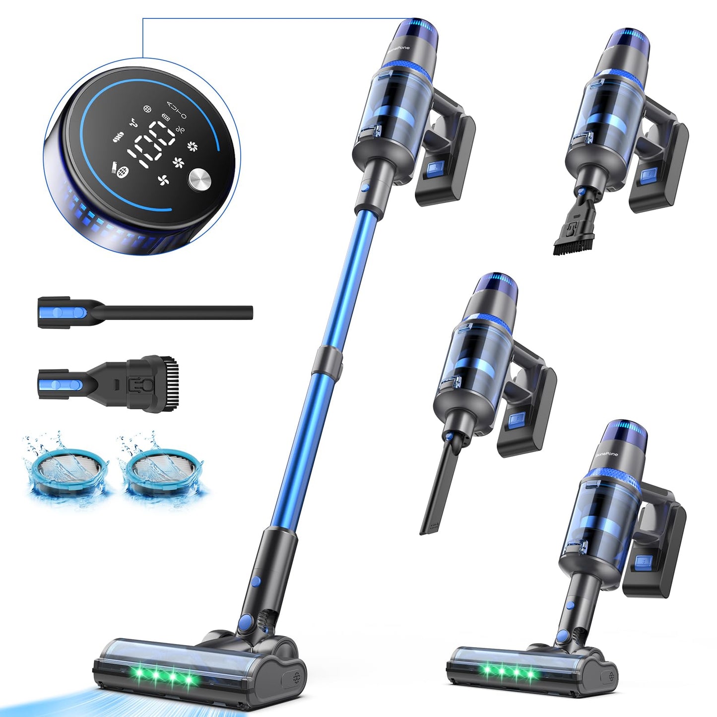 BonePone V25 Cordless Vacuum Cleaner, 680W 60Kpa Powerful Stick Vacuum with Dust Sensor, Digital Display, 4000mAh Rechargeable Battery up to 60Mins, Versatile for Pet Hair, Floor, Carpet (Navy)