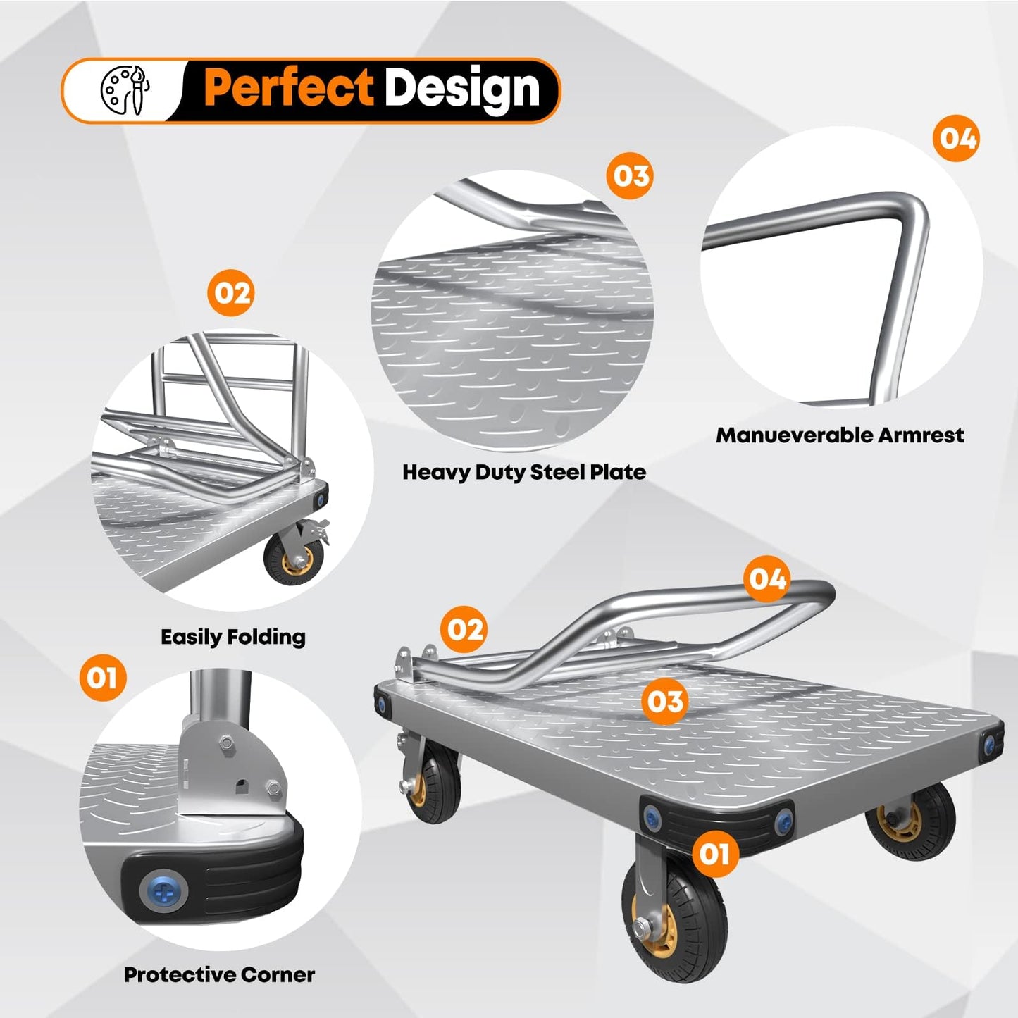 Lomive Heavy Duty Platform Truck Flat Moving Cart Hand Trucks, 1500Lbs Steel Push Cart Dolly, 30 x 19in Large Flatbed with 4'' 360 Degree Swivel Wheels for Easy Storage