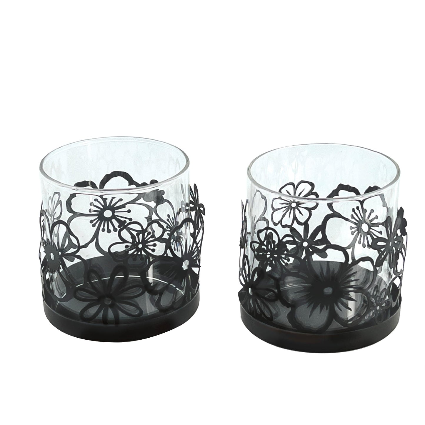 Lily’s Home Cutout Shadow Box Votive Tea Light Hurricane Glass Candle Holders, Centerpiece Lighting for Weddings, Entertaining and Home Decor, Flowers Garden Design, Black, Set of Two