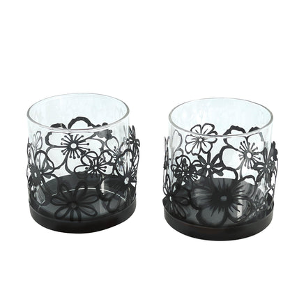 Lily’s Home Cutout Shadow Box Votive Tea Light Hurricane Glass Candle Holders, Centerpiece Lighting for Weddings, Entertaining and Home Decor, Flowers Garden Design, Black, Set of Two