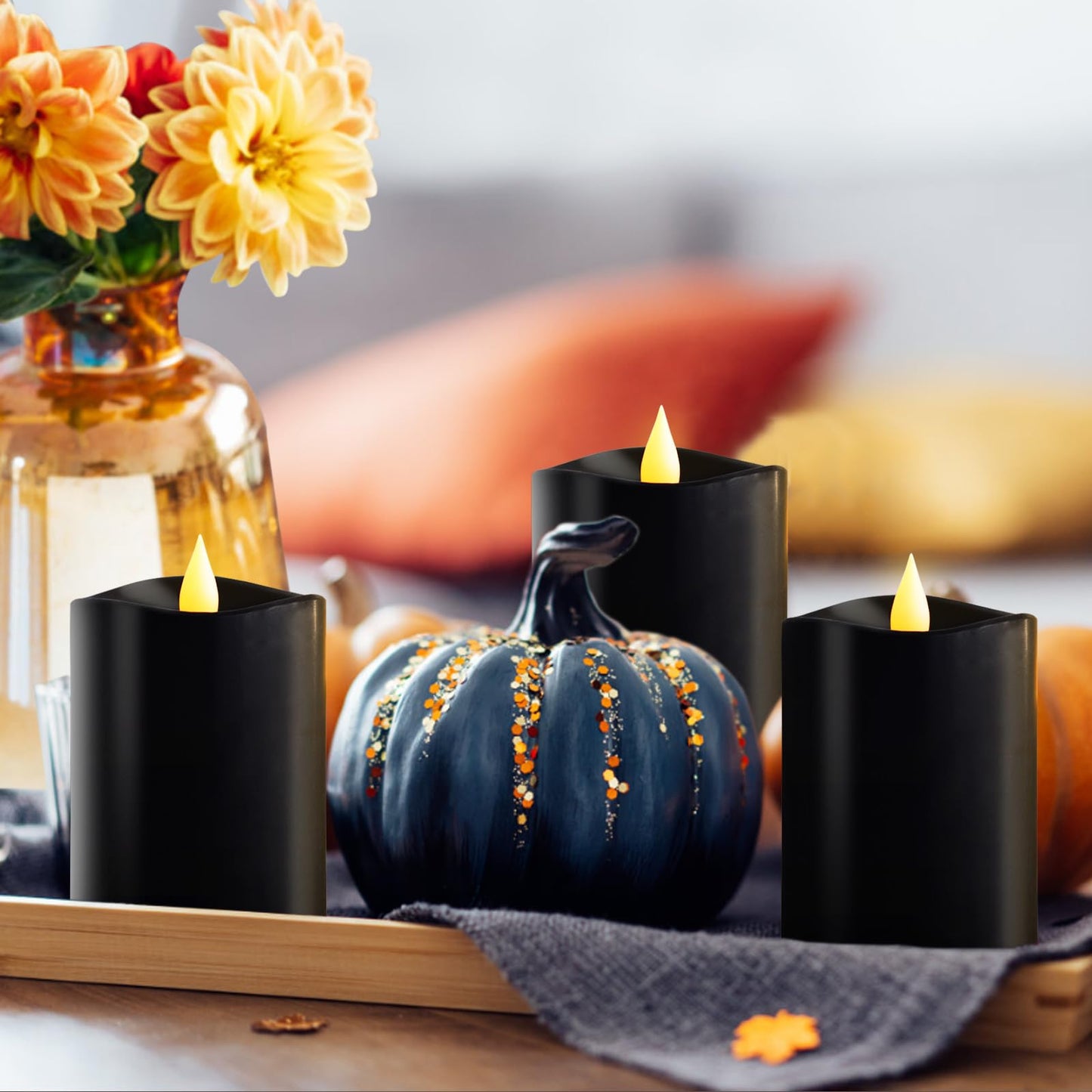 3x4 Flickering Flameless Candles Set of 3, 2AA Battery Life 600 Hours Battery Candles Flickering with Timer,4 inch Flameless Candles with Remote for Home Wedding Party Halloween Decoration, Black