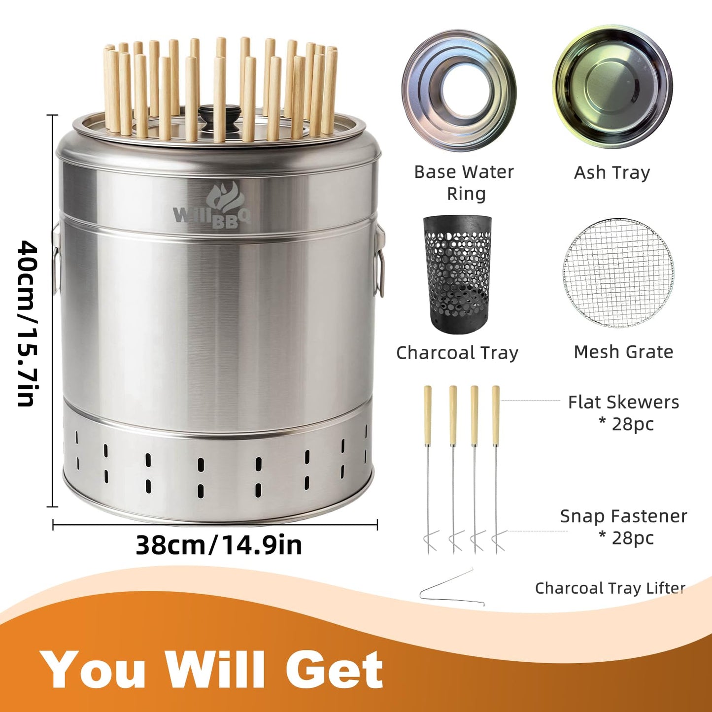WILLBBQ Large Hanging Charcoal Grills, 360° Barrel Smoker, Stainless Steel Double-Wall Insulated, Portable for Outdoor Camping Patio (Silver)