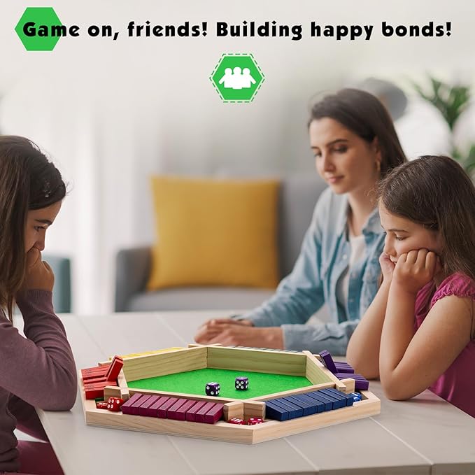 Shut The Box Game Large for 6 Players 15 inch Wooden Board Table Math Game with 16 Dice and Instructions Classics Close The Box Board Game