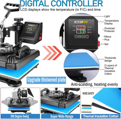 AKEYDIY Professional 5 in 1 Heat Press Machine for t Shirts Digital Heat Press Combo 12" x 15" 360-degree Swing Aweay Shirt Press Machine Sublimation Heat Press for T Shirts Mug Hat Plate