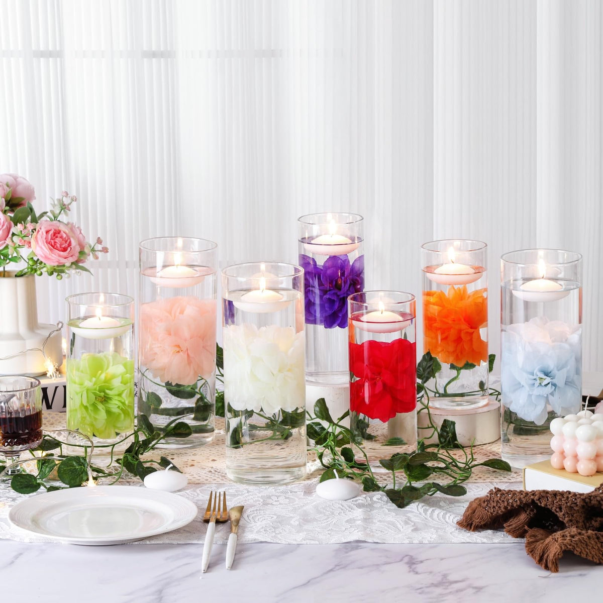 ZJGXH 24 Pcs Floating Candles for Centerpieces and Floating Flowers Vase Fillers for Centerpieces White Artificial Flowers for Wedding Table Party Home Decoration