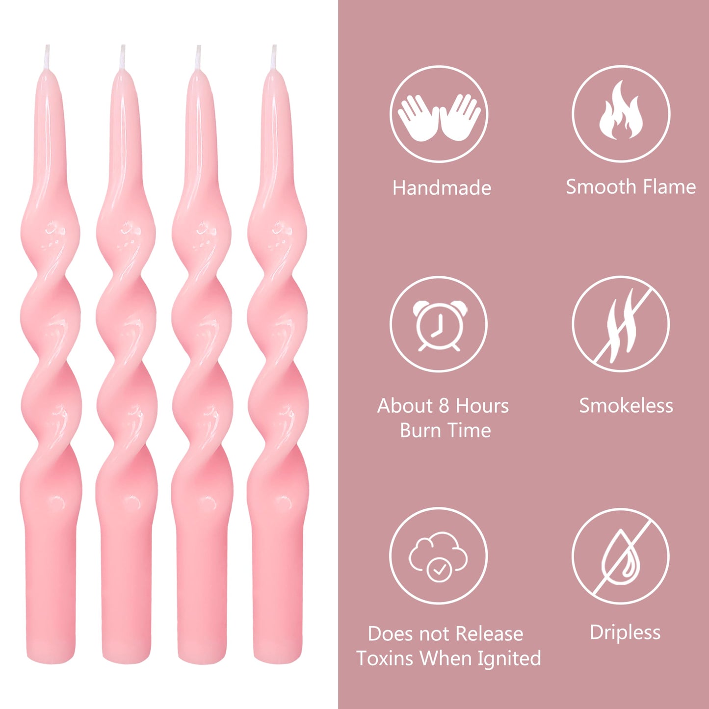 Pink Taper Candles Set of 4, 10 Inch Handmade Spiral Candle, Twisted Candles Shape Design, Unscented Candle Sticks for Wedding Dinner Home Decor Gift