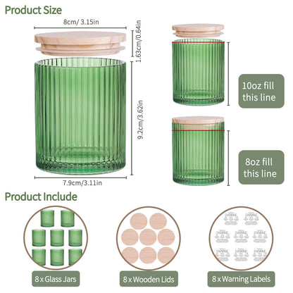 sunnyfuture 10 OZ Green Candle Jars for Making Candles Set of 8, Ribbed Glass Candle Jars with Wood Lids and Labels, Candle Containers for DIY, Gifts, Home Decoration