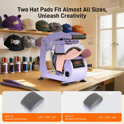 GOCHIFIX Heat Press, Precise Temp/Timer Control, 6.54"x3.84"Curved Heat Plate, 2 Hat Pad, Hat Stretcher, Safety Base, Glove, Hat Press Heat Machine for Caps, Sublimation, Vinyl, Heat Transfer