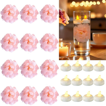 Qazcnd 24 Pack Flameless Floating Candles and Floating Artificial Flower Led Battery Operated Waterproof Tea Lights for Vases Centerpieces at Wedding, Party, Pool Decor Pink