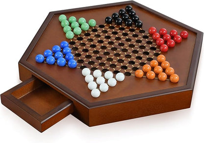 Chinese Checkers 15 x 13 Large Wooden Checkers Board Game Includes 16mm 60+12 Colorful Glass MarblesClassic Strategy Family Board Game for AdultWalnut