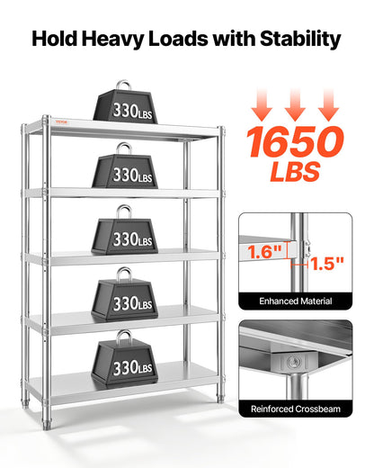 VEVOR Stainless Steel Shelving 48x18.5 Inch 5 Tier Adjustable Shelf Storage Unit Stainless Steel Heavy Duty Shelving for Kitchen Commercial Office Garage Storage 330lb Per Shelf