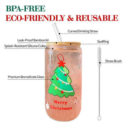 anabox Color Changing Glass Cups with Bamboo Lids and Straws, 16oz Glass Tumbler for Ice Coffee Milk Tea Juice Christmas Cups gift (Xmas 1PCS)