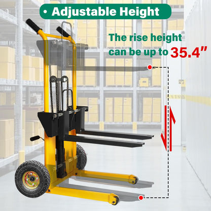 Foldable Hydraulic Material Lift Dolly, Pallet Stacker, 440lbs Capacity, Removable Steel Platform & Fork Arms, with Pneumatic Tire, Winch Stacker (440 lb. Steam Tire Wheel)