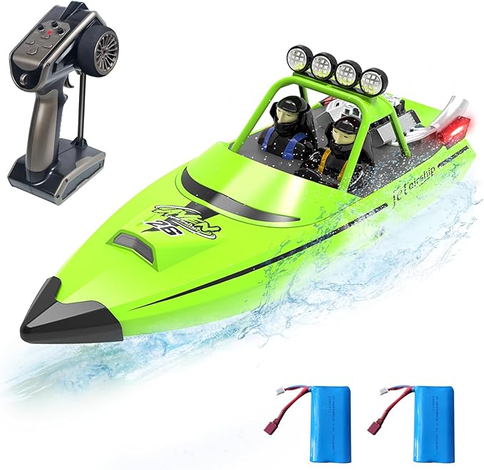 RC Boat for Kids Adults 2.4GHz Remote Control Boats with LED Light for Pool Lakes Water 20MPH Fast Speed Racing Jet Boat Boat Toy for Boys Girls 2 Rechargeable Batteries 40+ Mins Green