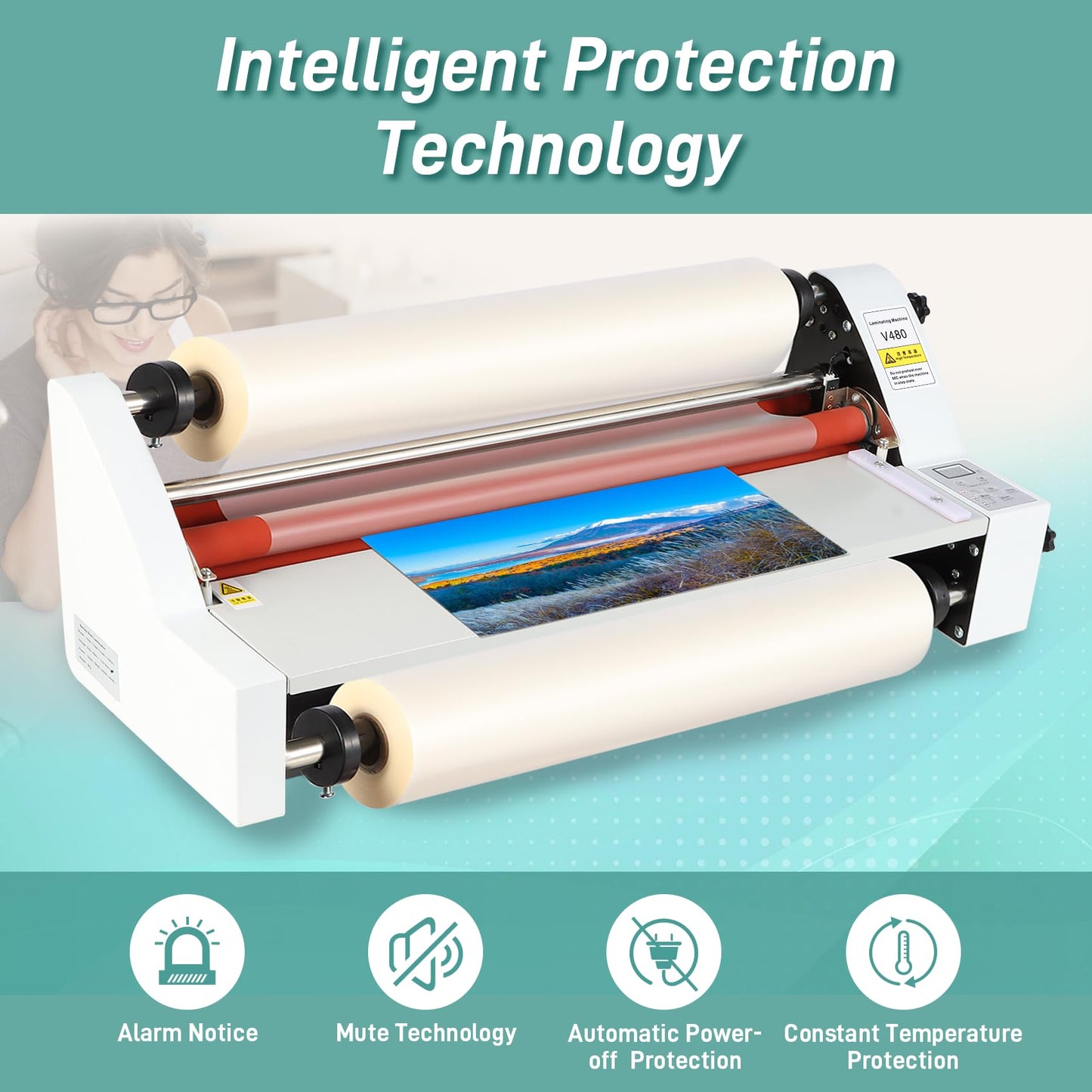 17.7inch Cold Hot Roll Laminator with 2 Rolls of Thermal Laminating Film (1 Inch Core, 0.8 mil,17.3in W×656ft L),V480 Laminating Machine, Single & Double-Sided Thermal Laminator,Digital Display, 110V