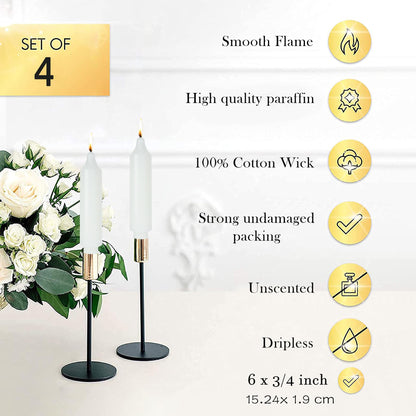 LPUSA White Short Taper Candles 6 inch Candle Sticks Unscented Dinner Candle Dripless for Home Decor,Christmas Table Decor，Weddings Festive Party Women Gifts，Set of 4